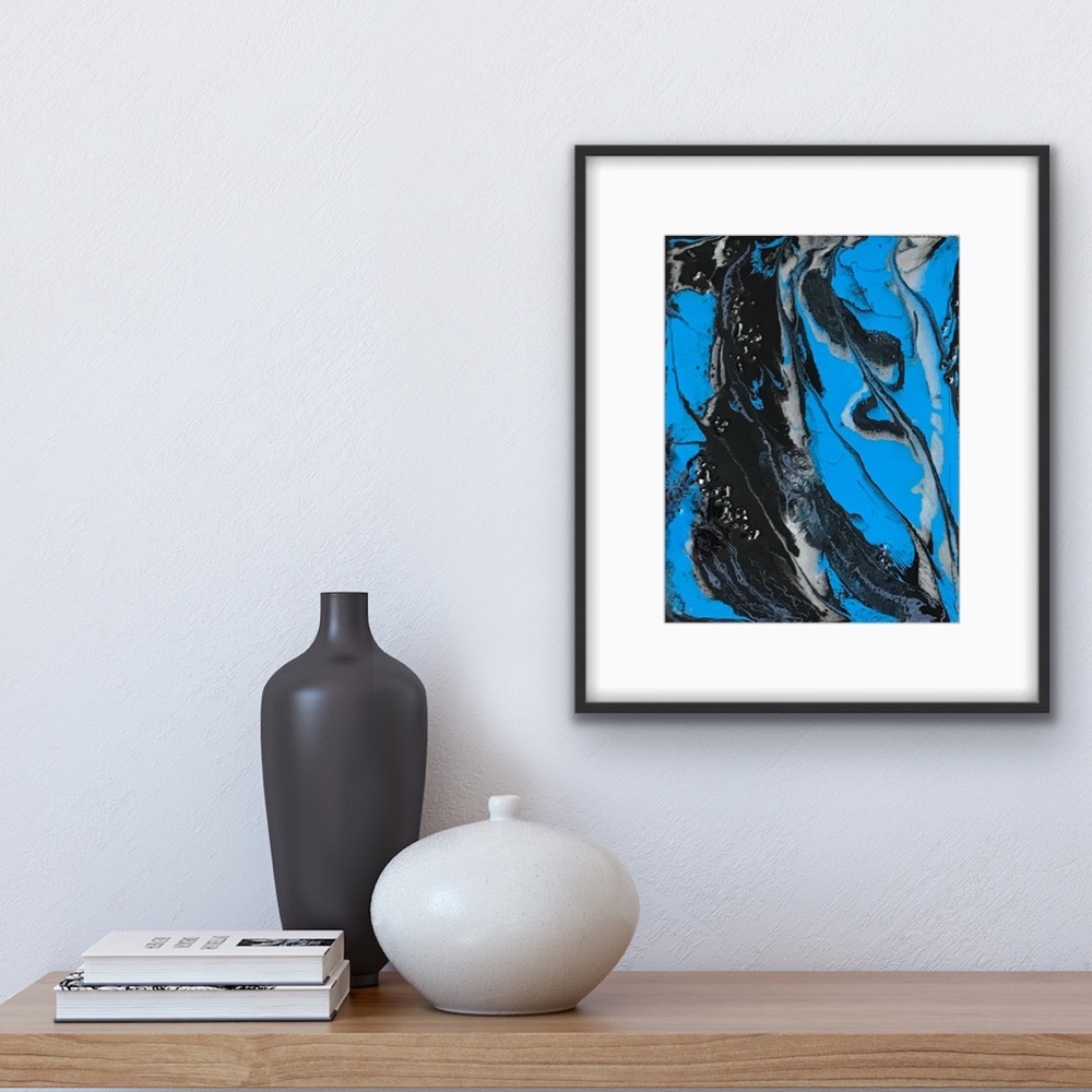 11 x 14” blue & black abstract fluid mixed media painting signed by artist